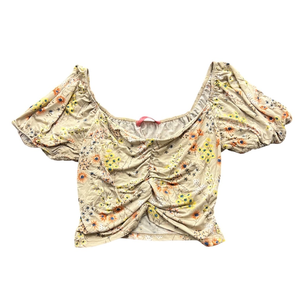 Misty Rose Floral Ruched Sweetheart Crop Top Puff Sleeve Beige Womens XXS‎